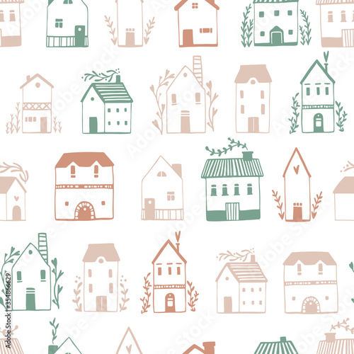Scandinavian houses seamless pattern. Vector hand-drawn illustration of a building in a simple childish cartoon style. Cute sketch drawing in a limited pastel palette on a white background