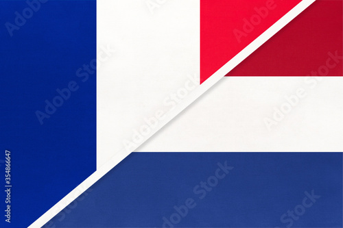 France and Netherlands, symbol of two national flags from textile. Championship between two european countries.