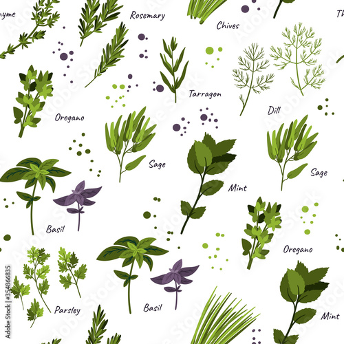 Culinary herbs seamless pattern. Cartoon flat style. Doodle hand drawn background for textile, packaging, wrapping.