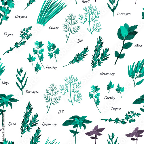 Culinary herbs seamless pattern. Cartoon flat style. Doodle hand drawn background for textile, packaging, wrapping.