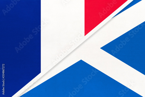 France and Scotland, symbol of two national flags from textile. Championship between two european countries.