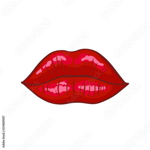 Kiss - womans lips. Hot sexy red kissed. Beautiful sticker isolated on white. Vector illustration in retro pop art or comics style. 3D effect.