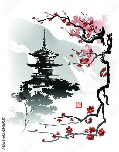 Sakura branch on the background of the pagoda. Vector illustration in traditional oriental style. The hieroglyph - Harmony.