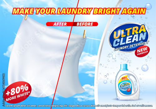 Laundry detergent ads, bright white clothes sheets hanging out to dry on blue sky background with product package design in 3d illustration, Extra white laundry ads detergent with new formula. Vector.