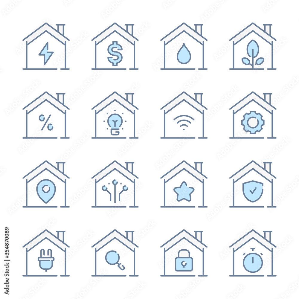 Smart home related blue line colored icons. Utilities and Public Service icon set.