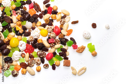 Mix nuts and dry fruits on a white background