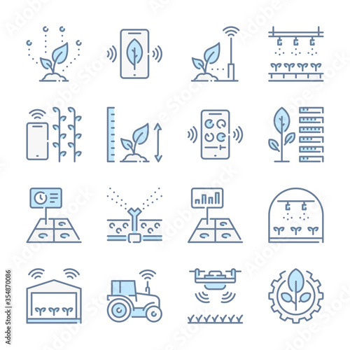 Smart Farm and Food science related blue line colored icons. Farm technologies icon set.