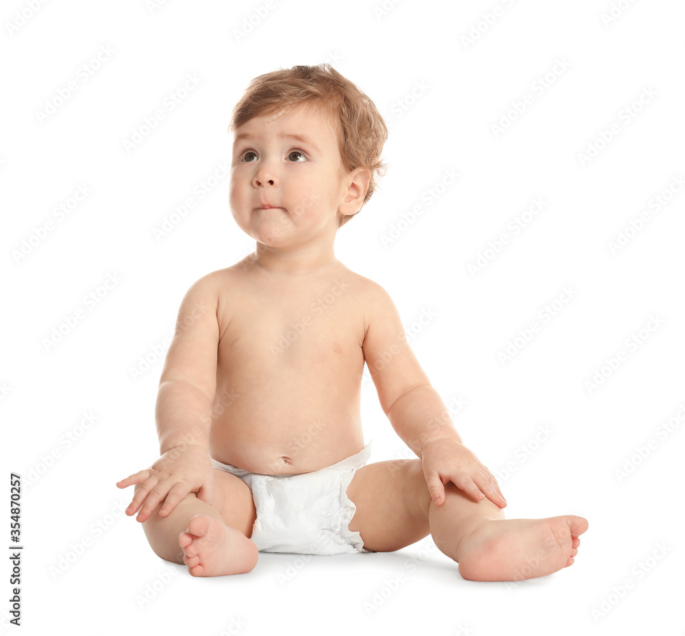 Cute little baby in diaper on white background Cute little baby in diaper on white background