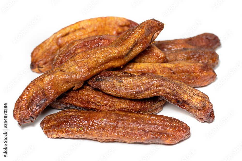 dry bananas pile against white background dry bananas pile against white background