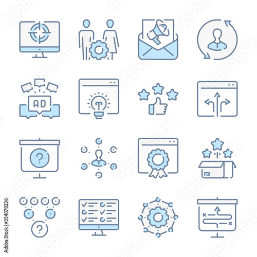 SEO and Marketing related blue line colored icons. Advertisement icon set.