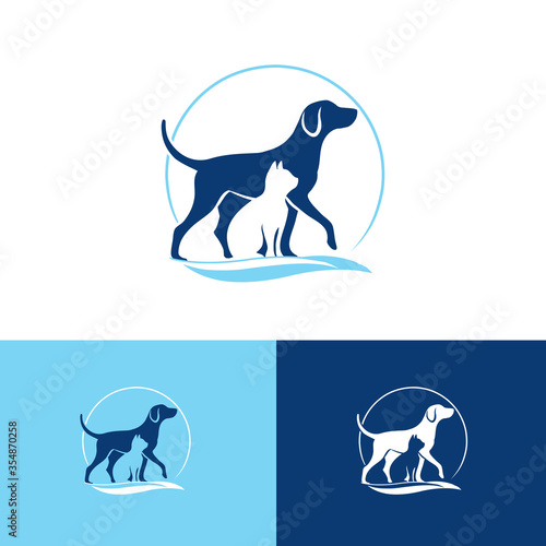 animal logo with pets silhouettes, a dog and cat combined in a vet symbol. vector