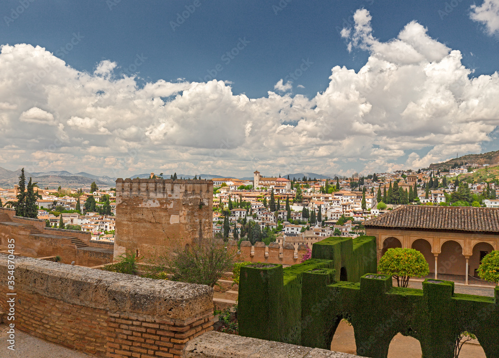 Panoramic view from the top of the Alhambra in the city of Granada, Spain.
