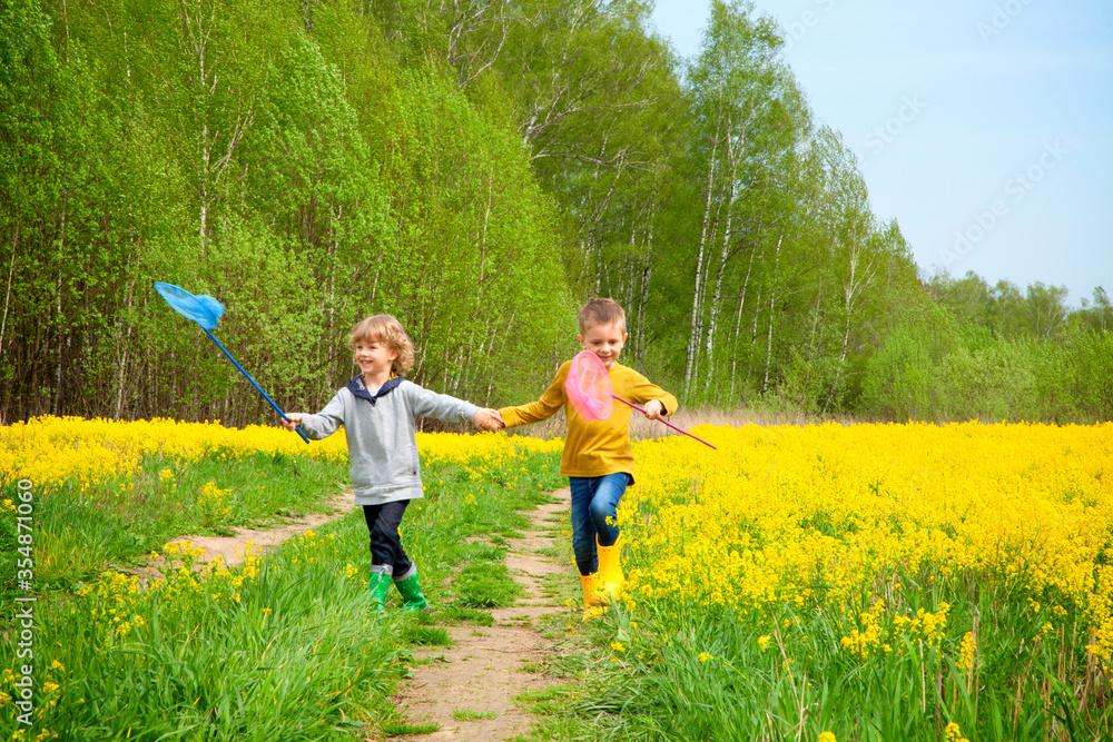 Two boys run with butterfly nets along the road in a flowery field. Happiness, summer, sun. Childhood friendship. Happy childhood. Two boys run with butterfly nets along the road in a flowery field. Happiness, summer, sun. Childhood friendship. Happy childhood.