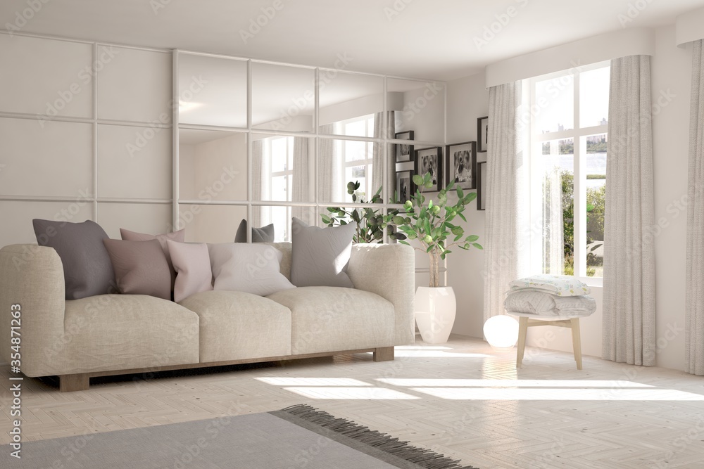 Fototapeta premium White living room with sofa. Scandinavian interior design. 3D illustration