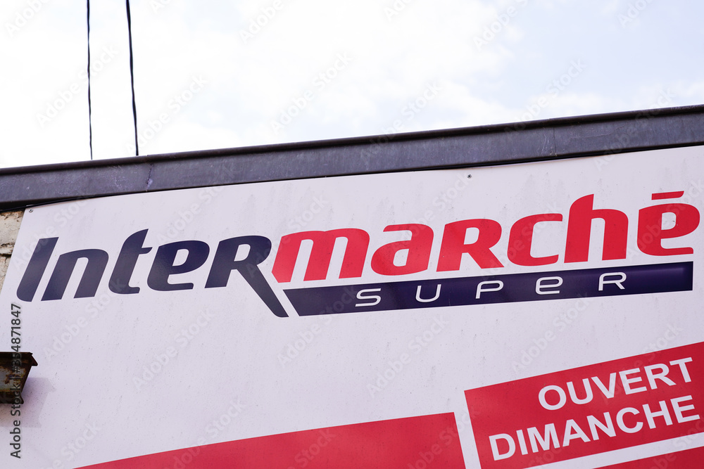 Intermarche facade of french supermarket with sign store logo in france ...