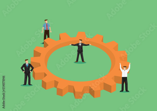 Businessman with giant gears surrounded with other businessmen. Concept of business cooperation; teamwork; collaboration and partnership. Vector illustration.