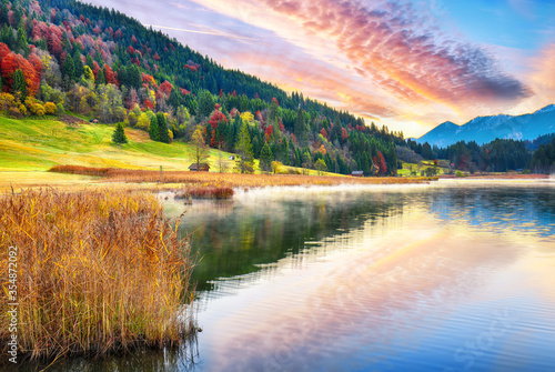 Marvelous view of Wagenbruchsee (Geroldsee) lake with Karwendelspitze mountain range on background. photo