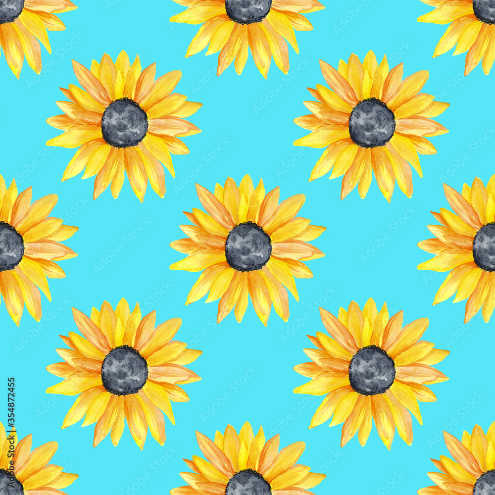 Watercolor seamless pattern with yellow sunflowers on blue background. Hand painted illustration. Watercolor seamless pattern with yellow sunflowers on blue background. Hand painted illustration.