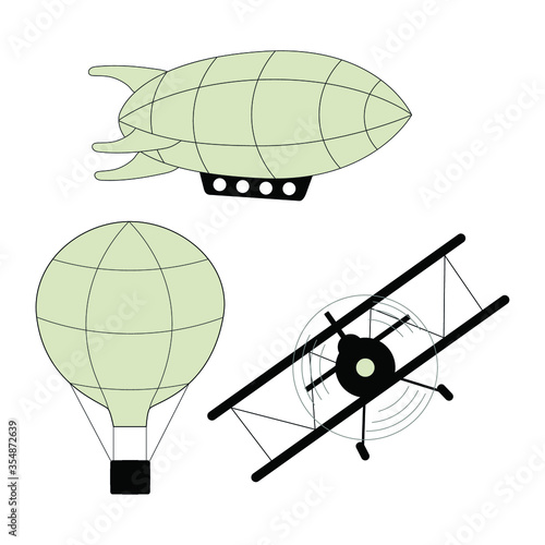 balloon, airship, airplane, set on a white background, vector illustration
