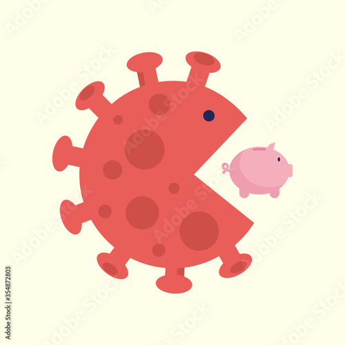 Coronavirus impact on the personal and business finance system. Giant corona virus cell swallows piggy bank. People lose money concept. Covid world-wide pandemic and world crisis vector illustration