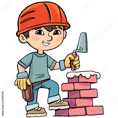 Chinese construction worker builds a brick wall