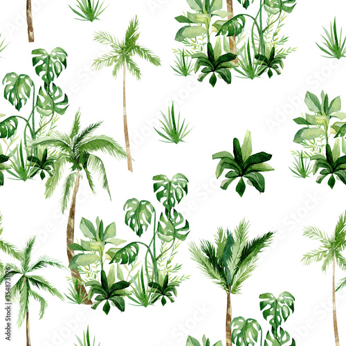 Watercolor tropical plants and trees seamless pattern. Africa summer kids jungle background, savannah pattern for the wrapping paper, textile fabric, wallpaper decor © Anna