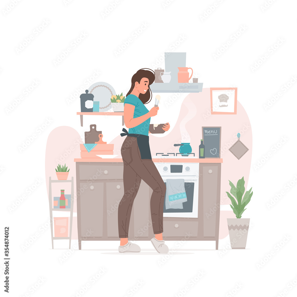 Young female cooking in kitchen at home