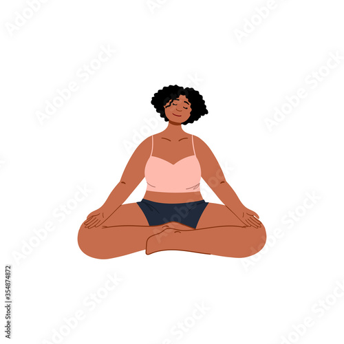 Self love, self-acceptance and body positive hand drawn flat concept illustration. Happy woman stands near palm trees. Summer vacation.
