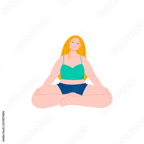 Self love, self-acceptance and body positive hand drawn flat concept illustration. Happy woman stands near palm trees. Summer vacation.