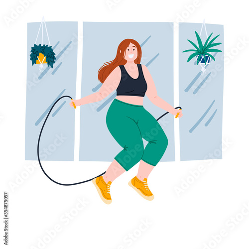 Woman jumps with skipping rope at gym, does training exercises. Flat cartoon hand drawn body positive, well-being and self acceptance concept illustration.