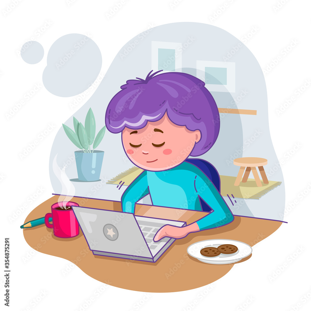 Home studying. Online education. Stay home. A boy work from home. A young man seat at a desk with a laptop. Home studying. Online education. Stay home. A boy work from home. A young man seat at a desk with a laptop.