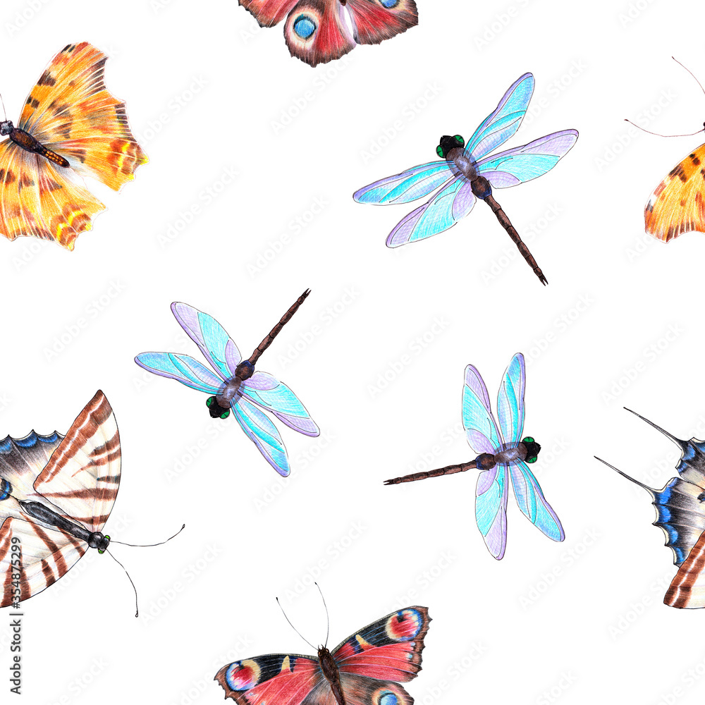 Watercolor butterfly with dragonfly on white background. Seamless pattern for fabric. Watercolor butterfly with dragonfly on white background. Seamless pattern for fabric.