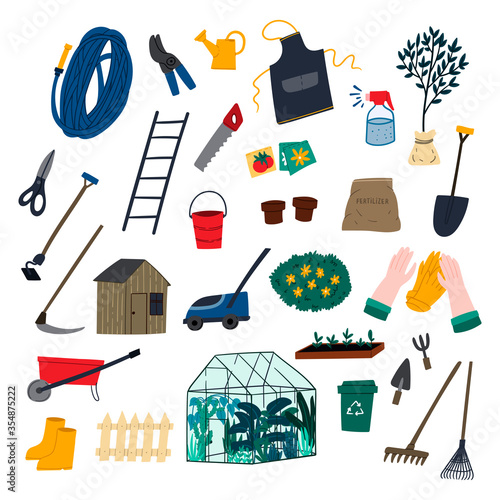 Gardening tools cartoon flat style illustrations. Hand drawn garden work hobby concept.