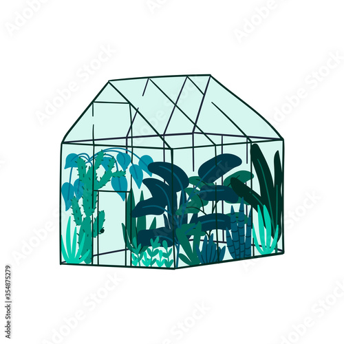 Greenhouse flat cartoon style hand drawn illustration. Urban jungle concept. Tropical trees and flowers.