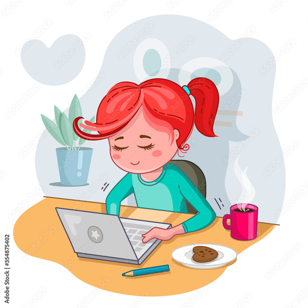 Home studying. Online education. Stay home. Work from home. A young woman seat at a desk with a laptop.