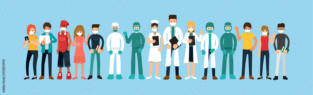 Group of People Wearing Face Mask, Prevention of Covid-19, Coronavirus Disease, Vector illustration