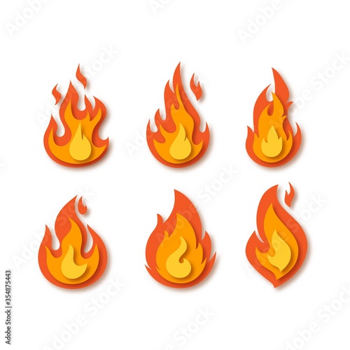 Set of fire flames on white background. Paper cut out art digital craft style. Vector illustration