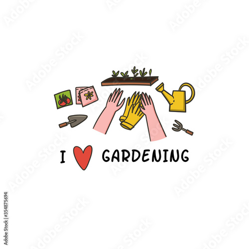 I love gardening. Hand with gardening gloves, watering can and seedlings. Hand drawn cartoon flat style concept illustration for t-shirt, poster, sale banner, flyer.