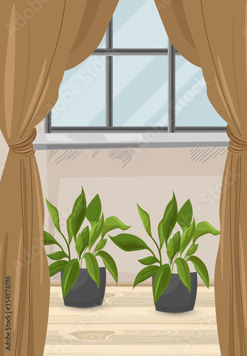 Cozy house with brown curtains and green flowers growing