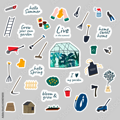 Gardening, farming, urban jungle stickers set. Hand drawn cartoon flat style vector illustrations. Garden work tools.