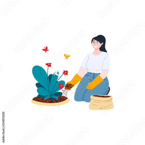 Girl is mulching plants on the flowerbed. Woman does garden work on the backyard. Spring time. Cartoon flat style vector illustration.