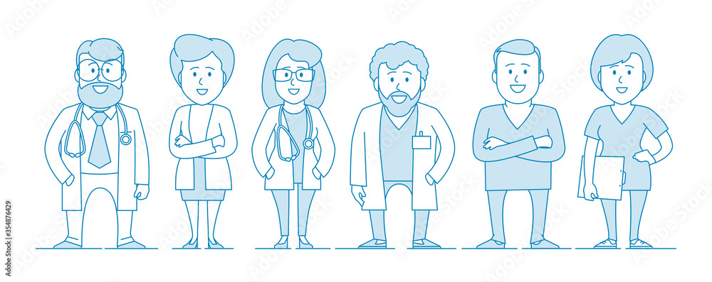 Group of doctors of our medical staff. Medical specialists. Medical worker at a clinic or hospital. Illustration in line art style. Vector