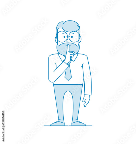Man shows gesture quietly. Character - a man in glasses and with beard. Office worker in a shirt with a tie. Illustration in line art style. Vector
