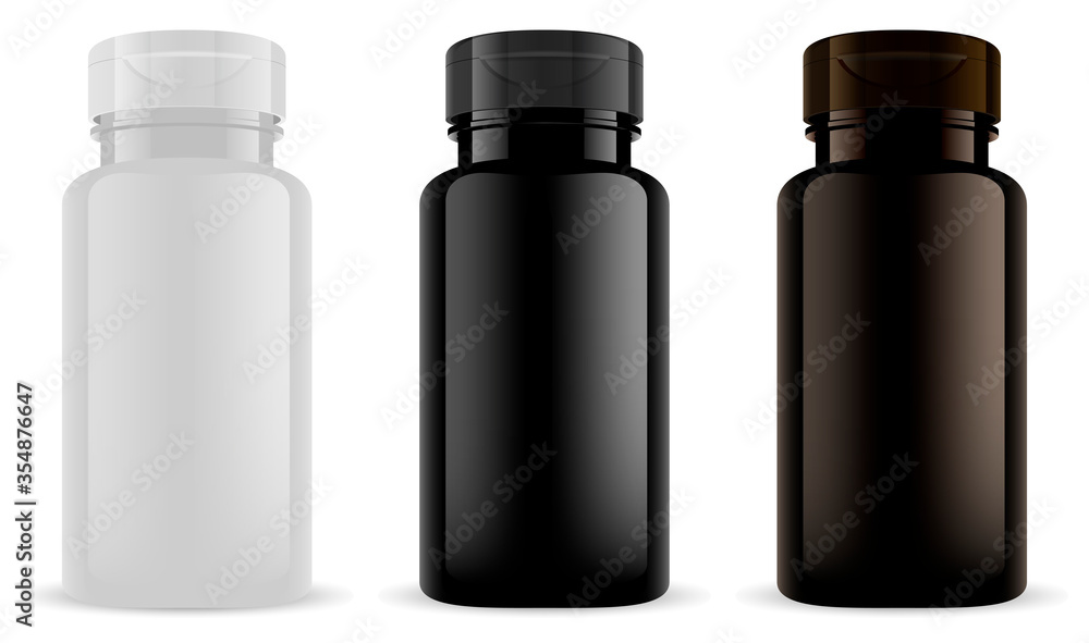 Supplement bottle. Vitamin pill jar mockup black, bown plastic. Pharmaceutical container for capsule and tablet. Vector 3d blank template with lid for medicine drug Supplement bottle. Vitamin pill jar mockup black, bown plastic. Pharmaceutical container for capsule and tablet. Vector 3d blank template with lid for medicine drug