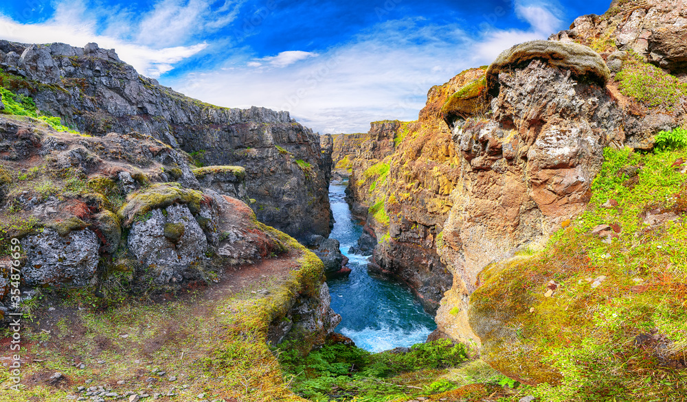 Marvelous view of Kolugljufur canyon and Kolufossar falls. Marvelous view of Kolugljufur canyon and Kolufossar falls.