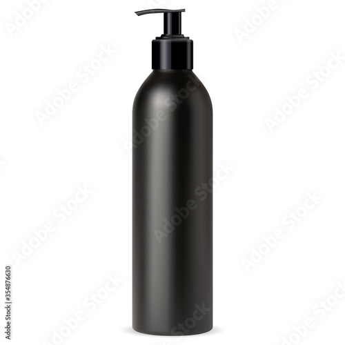 Pump bottle for cosmetic soap. Dispenser package for liquid cream from black plastic. Hand wash sanitizer template design. Isolated shampoo or lotion tube for face skin care