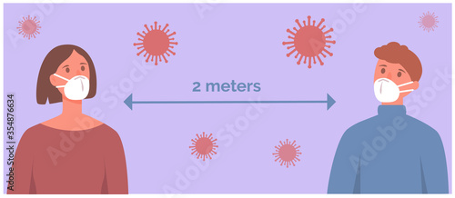 Man and woman wearing face mask at safe distance to prevent disease. Coronavirus, social distance. Vector illustration