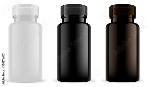 Supplement bottle. Vitamin pill jar mockup black, bown plastic. Pharmaceutical container for capsule and tablet. Vector 3d blank template with lid for medicine drug