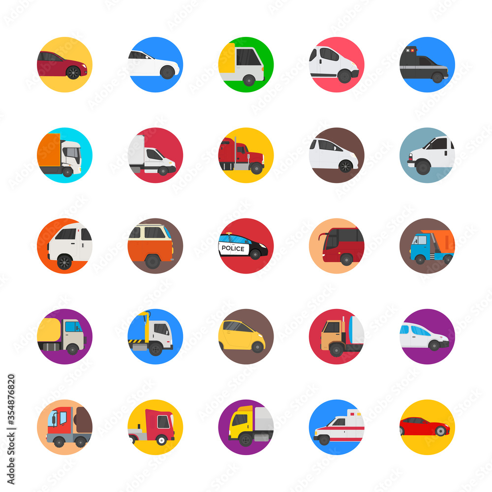 Cars with Cargo and Shipping Trucks Flat Icons Cars with Cargo and Shipping Trucks Flat Icons