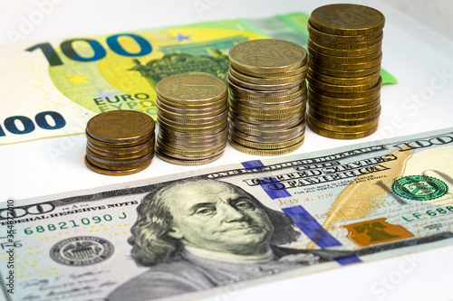 Dollars and euros.Banknotes 100 euros and dollars, bank capital, growth exchange
